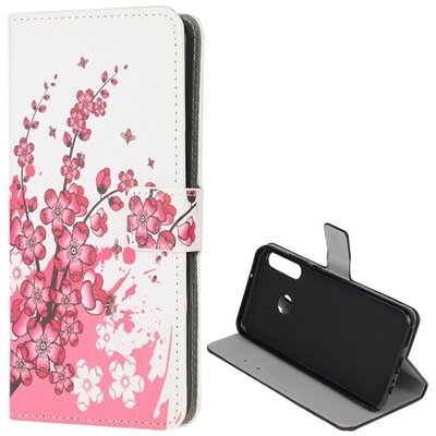 Telefontok álló, bőr hatású (flip, oldalra nyíló, asztali tartó funkció, virág minta) Fehér [Huawei P40 Lite E / Y7p]