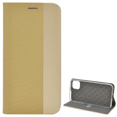 Telefontok álló, bőr hatású (flip, oldalra nyíló, asztali tartó funkció, textil hatás) Arany [Apple iPhone 11 Pro Max]