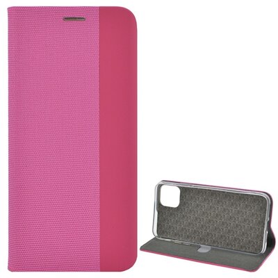 Telefontok álló, bőr hatású (flip, oldalra nyíló, asztali tartó funkció, textil hatás) Rózsaszín [Apple iPhone 11 Pro Max]