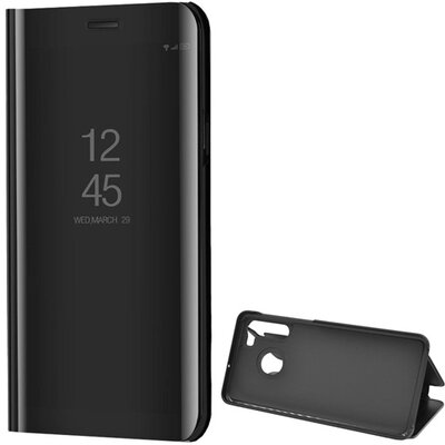Telefontok álló (aktív flip, oldalra nyíló, asztali tartó funkció, tükrös felület, Mirror View Case) Fekete [Samsung Galaxy A21 (SM-A210F)]