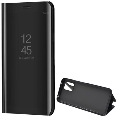 Telefontok álló (aktív flip, oldalra nyíló, asztali tartó funkció, tükrös felület, Mirror View Case) Fekete [Xiaomi Mi 10 Lite 5G]