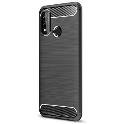Szilikon hátlapvédő telefontok (közepesen ütésálló, légpárnás sarok, szálcsiszolt, karbon minta), Fekete [Huawei P Smart (2020)]