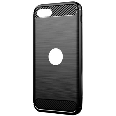 Szilikon hátlapvédő telefontok (közepesen ütésálló, légpárnás sarok, szálcsiszolt, karbon minta, logo kivágás), Fekete [Apple iPhone SE (2020)]