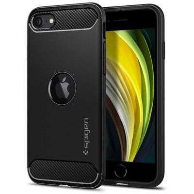 SPIGEN RUGGED ARMOR szilikon hátlapvédő telefontok (közepesen ütésálló, légpárnás sarok, karbon minta, logo kivágás), Fekete [Apple iPhone SE (2020)]