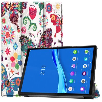 Tablet védőtok álló, bőr hatású (aktív flip, oldalra nyíló, TRIFOLD asztali tartó funkció, színes pillangó minta), Fehér [Lenovo Tab M10 Plus (TB-X606F)]