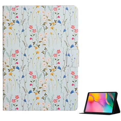 Tablet védőtok álló, bőr hatású (FLIP, oldalra nyíló, asztali tartó funkció, virág minta), Világoskék [Samsung Galaxy Tab A 10.1 WIFI (2019) SM-T510]