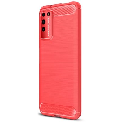 Szilikon hátlapvédő telefontok (közepesen ütésálló, légpárnás sarok, szálcsiszolt, karbon minta), Piros [Honor X10 5G]