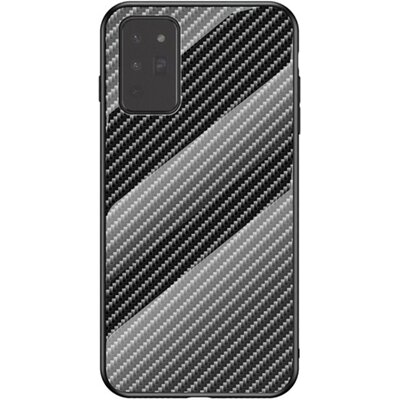Hátlapvédő telefontok szilikon keret (BUMPER, edzett üveg hátlap, karbon minta), Fekete [Samsung Galaxy Note 20 (SM-N980F), Samsung Galaxy Note 20 Ultra 5G (SM-N986F)]