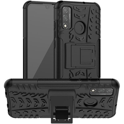 Defender műanyag hátlapvédő telefontok (közepesen ütésálló, szilikon belső, kitámasztó, autógumi minta), Fekete [Huawei P Smart (2020)]