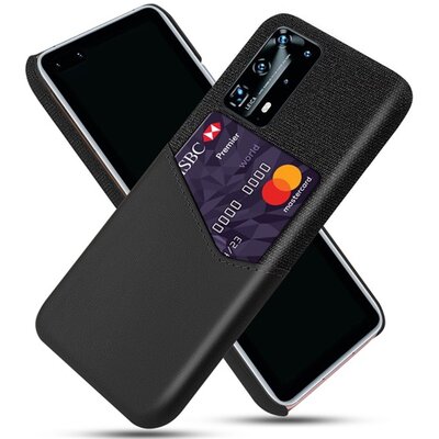 Műanyag hátlapvédő telefontok (közepesen ütésálló, bankkártya tartó, textilbevonat, bőr hatású hátlap), Fekete [Huawei P40 Pro 5G]