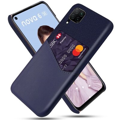 Műanyag hátlapvédő telefontok (közepesen ütésálló, bankkártya tartó, textilbevonat, bőr hatású hátlap), Sötétkék [Huawei P40 Lite 4G / Nova 6 SE]