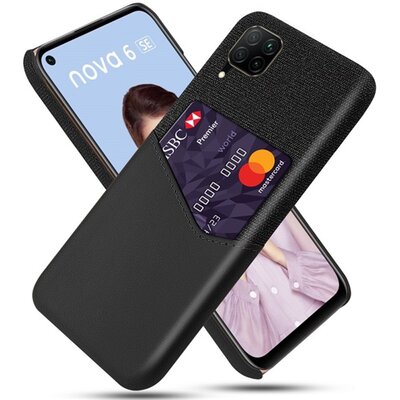 Műanyag hátlapvédő telefontok (közepesen ütésálló, bankkártya tartó, textilbevonat, bőr hatású hátlap), Fekete [Huawei P40 Lite 4G / Nova 6 SE]