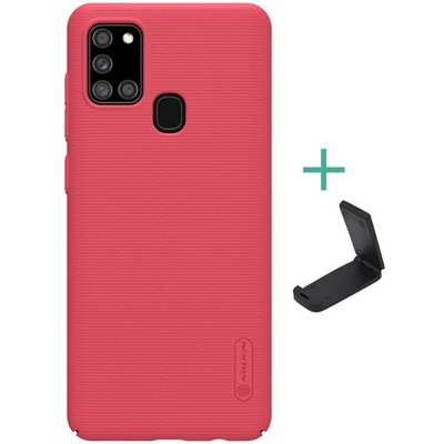 Nillkin Super Frosted műanyag hátlapvédő telefontok (gumírozott, érdes felület + asztali tartó), Piros [Samsung Galaxy A21s (SM-A217F)]