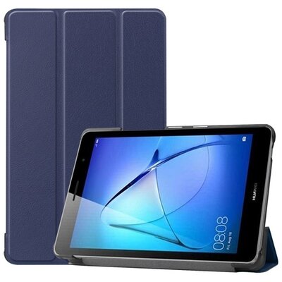 Tablet védőtok álló, bőr hatású (FLIP, oldalra nyíló, TRIFOLD asztali tartó funkció), Sötétkék [Huawei MatePad T8 LTE, Huawei MatePad T8 WIFI]