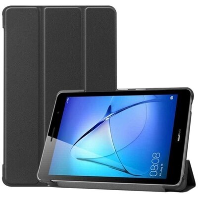 Tablet védőtok álló, bőr hatású (FLIP, oldalra nyíló, TRIFOLD asztali tartó funkció), Fekete [Huawei MatePad T8 LTE, Huawei MatePad T8 WIFI]