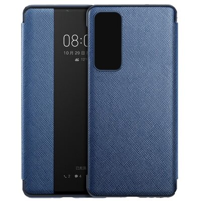 Telefontok álló, bőr hatású (aktív flip, oldalra nyíló, View Window, textil minta), Kék [Huawei P40]