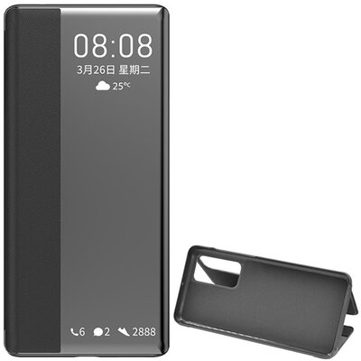 Telefontok álló, bőr hatású (FLIP, oldalra nyíló, asztali tartó funkció, hívószámkijelzés, View Window), Fekete [Huawei P40]