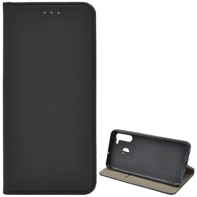 Telefontok álló, bőr hatású (Flip, oldalra nyíló, asztali tartó funkció, rombusz minta), Fekete [Samsung Galaxy A21 (SM-A210F)]