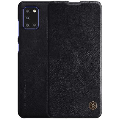 Nillkin Qin telefontok álló, bőr hatású (aktív flip, oldalra nyíló, bankkártya tartó), Fekete [Samsung Galaxy A31 (SM-A315F)]