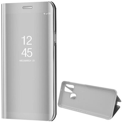 Telefontok álló (aktív flip, oldalra nyíló, asztali tartó funkció, tükrös felület, Mirror View Case) EZÜST [Samsung Galaxy A21s (SM-A217F)]