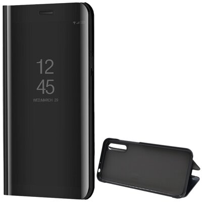Telefontok álló (aktív flip, oldalra nyíló, asztali tartó funkció, tükrös felület, Mirror View Case), Fekete [Huawei Y8p]
