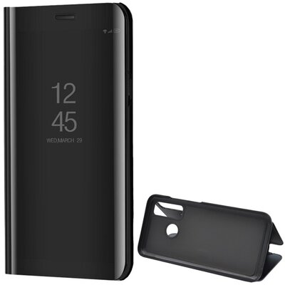 Telefontok álló (aktív flip, oldalra nyíló, asztali tartó funkció, tükrös felület, Mirror View Case), Fekete [Huawei P Smart (2020)]