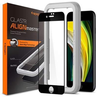 SPIGEN GLASTR ALIGNMASTER kijelzővédő üvegfólia (2.5D full cover, íves, karcálló, 0.3mm, 9H + keret), Fekete [Apple iPhone 7 4.7, Apple iPhone 8 4.7, Apple iPhone SE (2020)]