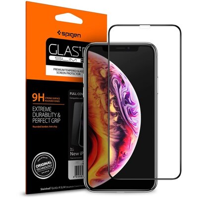 SPIGEN GLASTR SLIM HD kijelzővédő üvegfólia (3D full cover, íves, karcálló, tok barát, 0.33mm, 9H), Fekete [Apple iPhone XS Max 6.5]