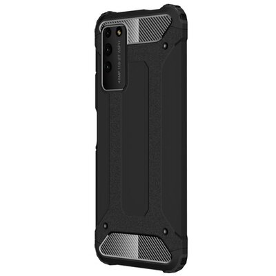 Defender műanyag hátlapvédő telefontok (közepesen ütésálló, légpárnás sarok, szilikon belső, fémhatás), Fekete [Honor X10 5G]