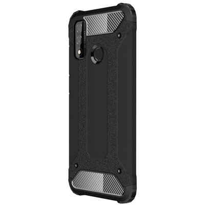 Defender műanyag hátlapvédő telefontok (közepesen ütésálló, légpárnás sarok, szilikon belső, fémhatás), Fekete [Huawei P Smart (2020)]