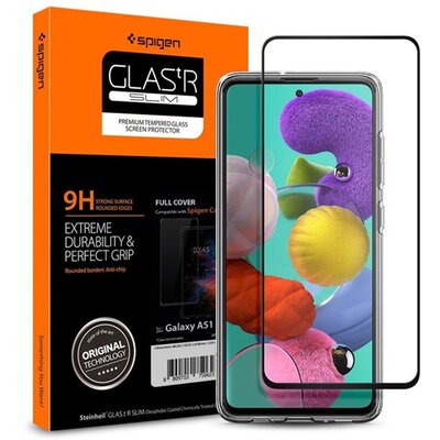 SPIGEN GLASTR SLIM HD kijelzővédő üvegfólia (3D full cover, íves, karcálló, tok barát, 0.33mm, 9H), Fekete [Samsung Galaxy A51 (SM-A515F)]