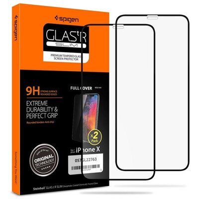 SPIGEN GLASTR SLIM HD kijelzővédő üvegfólia (2 db, 3D full cover, íves, karcálló, tok barát, 0.33mm, 9H), Fekete [Apple iPhone 11 Pro]