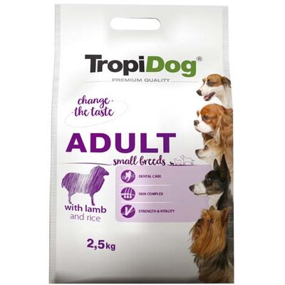 Száraz felnőtt kutyatáp TropiDog Premium Adult Small 2,5kg bárány rizzsel