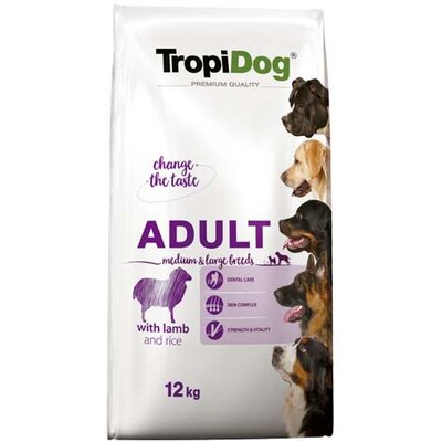 Száraz felnőtt kutyatáp TropiDog Premium Adult Medium &amp; Large 12kg bárány rizzsel