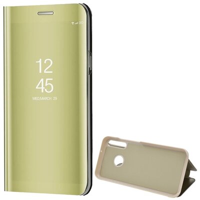 Telefontok álló (aktív flip, oldalra nyíló, asztali tartó funkció, tükrös felület, Mirror View Case), Arany [Huawei P40 Lite E / Y7p]