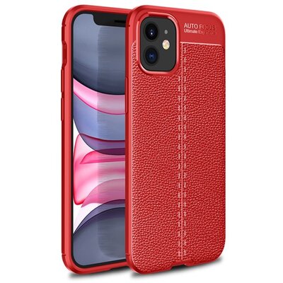 Szilikon hátlapvédő telefontok (közepesen ütésálló, bőr hatású, varrás minta), Piros [Apple iPhone 12]