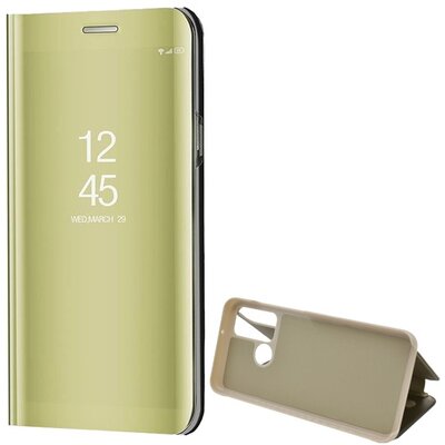 Telefontok álló (aktív flip, oldalra nyíló, asztali tartó funkció, tükrös felület, Mirror View Case), Arany [Huawei Y6p]