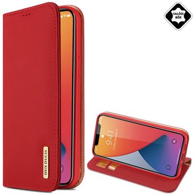 DUX DUCIS WISH telefontok álló, valódi bőr (FLIP, oldalra nyíló, asztali tartó funkció), Piros [Apple iPhone 12 Mini]