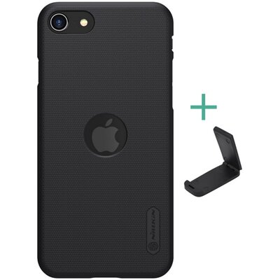 Nillkin Super Frosted műanyag hátlapvédő telefontok (gumírozott, érdes felület, logó kivágás + asztali tartó), Fekete [Apple iPhone SE (2020)]