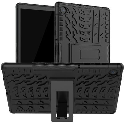 Defender műanyag tablet hátlap védőtok (közepesen ütésálló, szilikon belső, kitámasztó, autógumi minta), Fekete [Lenovo Tab M10 Plus (TB-X606F)]
