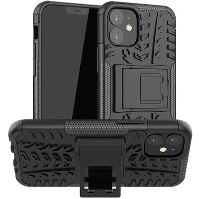 Defender műanyag hátlapvédő telefontok (közepesen ütésálló, szilikon belső, kitámasztó, autógumi minta), Fekete [Apple iPhone 12]