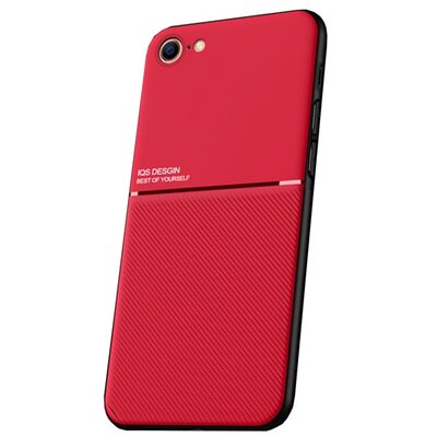 Műanyag hátlapvédő telefontok (szilikon keret, közepesen ütésálló, beépített fémlemez, bőr hatású hátlap, csikos minta), Piros [Apple iPhone 7 4.7, Apple iPhone 8 4.7, Apple iPhone SE (2020)]