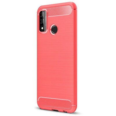 Szilikon hátlapvédő telefontok (közepesen ütésálló, légpárnás sarok, szálcsiszolt, karbon minta), Piros [Huawei P Smart (2020)]