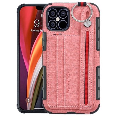 Szilikon hátlapvédő telefontok (közepesen ütésálló, asztali tartó funkció, bankkártya tartó, textil hátlap + kézpánt), Rózsaszín [Apple iPhone 12 Pro]
