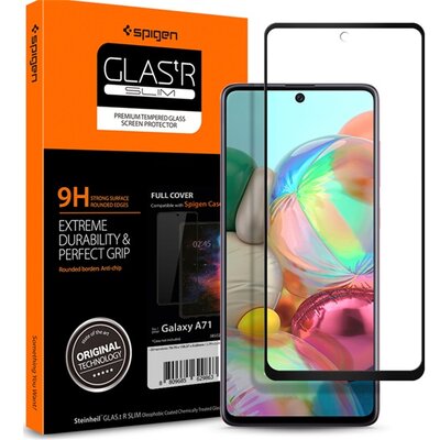 SPIGEN GLASTR SLIM kijelzővédő üveg (3D full cover, íves, karcálló, tok barát, 0.33mm, 9H), Fekete [Samsung Galaxy A71 (SM-A715F)]