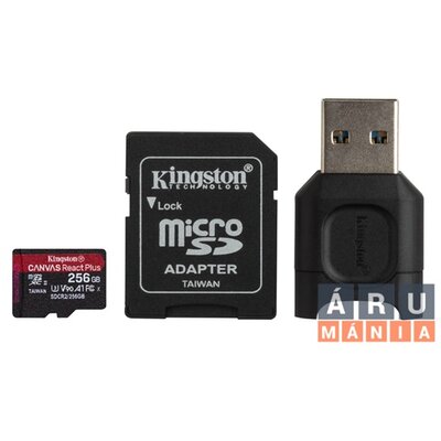 Kingston 256GB SD micro Canvas React Plus (SDXC Class 10 UHS-II U3) (MLPMR2/256GB) memória kártya adapterrel, olvasóval