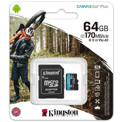 Kingston 64GB SD micro Canvas Go! Plus (SDXC Class 10 UHS-I U3) (SDCG3/64GB) memória kártya adapterrel