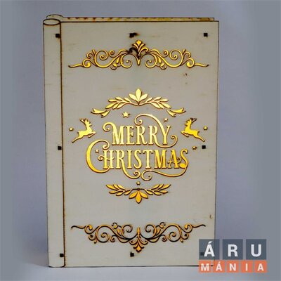Karácsonyi könyv mintás 23x16x4,5cm/meleg fehér LED-es fa fénydekoráció