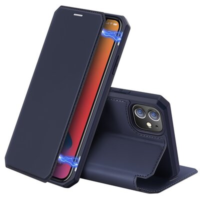 DUX DUCIS SKIN X telefontok álló, bőr hatású (FLIP, oldalra nyíló, bankkártya tartó, asztali tartó funkció), Sötétkék [Apple iPhone 12 mini]