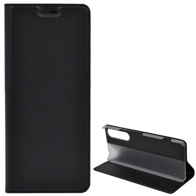 Telefontok álló, bőr hatású (FLIP, oldalra nyíló, asztali tartó funkció), Fekete [Sony Xperia 1 II (XQ-AT5)]